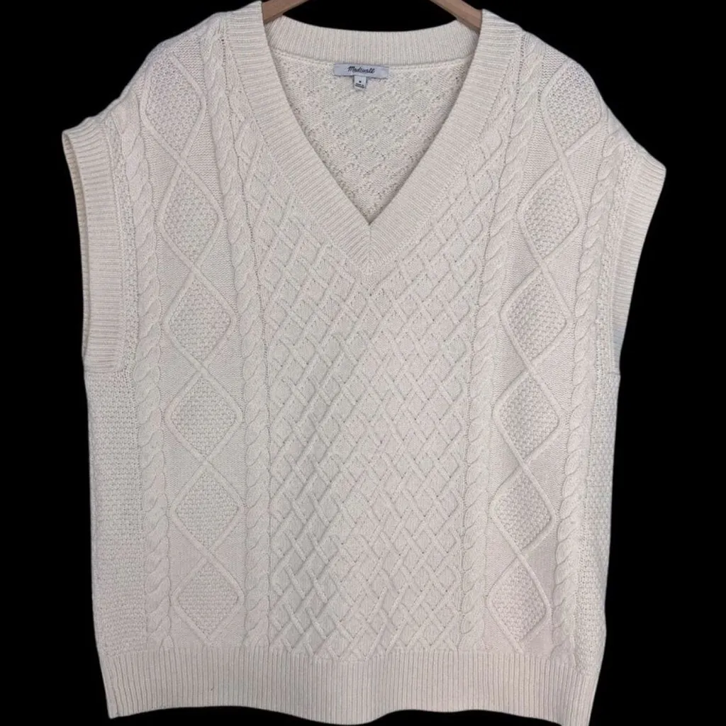 Madewell Women’s Ivory Cable Knit Pullover V-Neck Oversized Vest Size L - Image 7