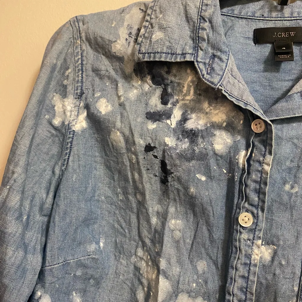 Vintage J Crew Womens Shirt 4 Longsleeve Paint Splatter Blue Chambray Button Up - Image 4