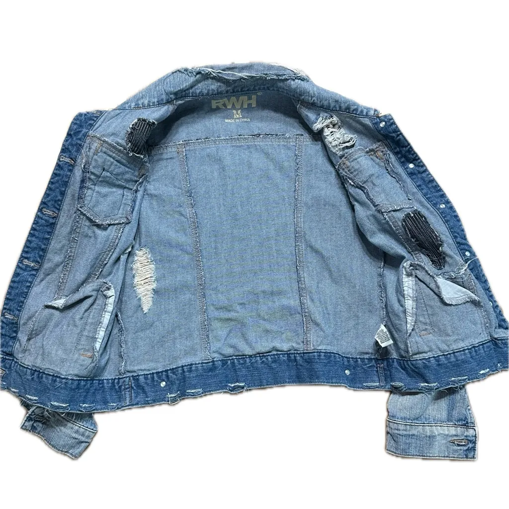 REWASH  Light Blue Distressed Jean Jacket with Leopard Accents - Image 2