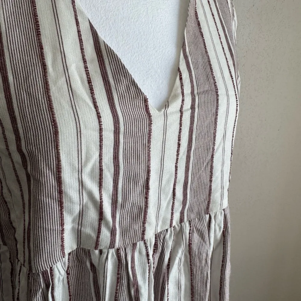 MNG Red Cream Striped V-Neck Mini Babydoll Shirt Dress Women 4 Boho Cottagecore - Image 2