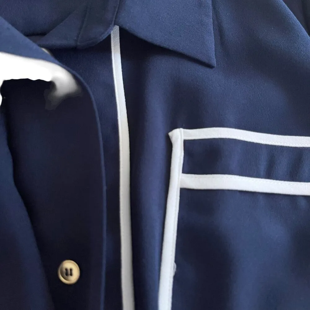 Alexia Admor Halima Navy Blue Piped Long Sleeve Belted Midi Shirt Dress Size 14 - Image 7