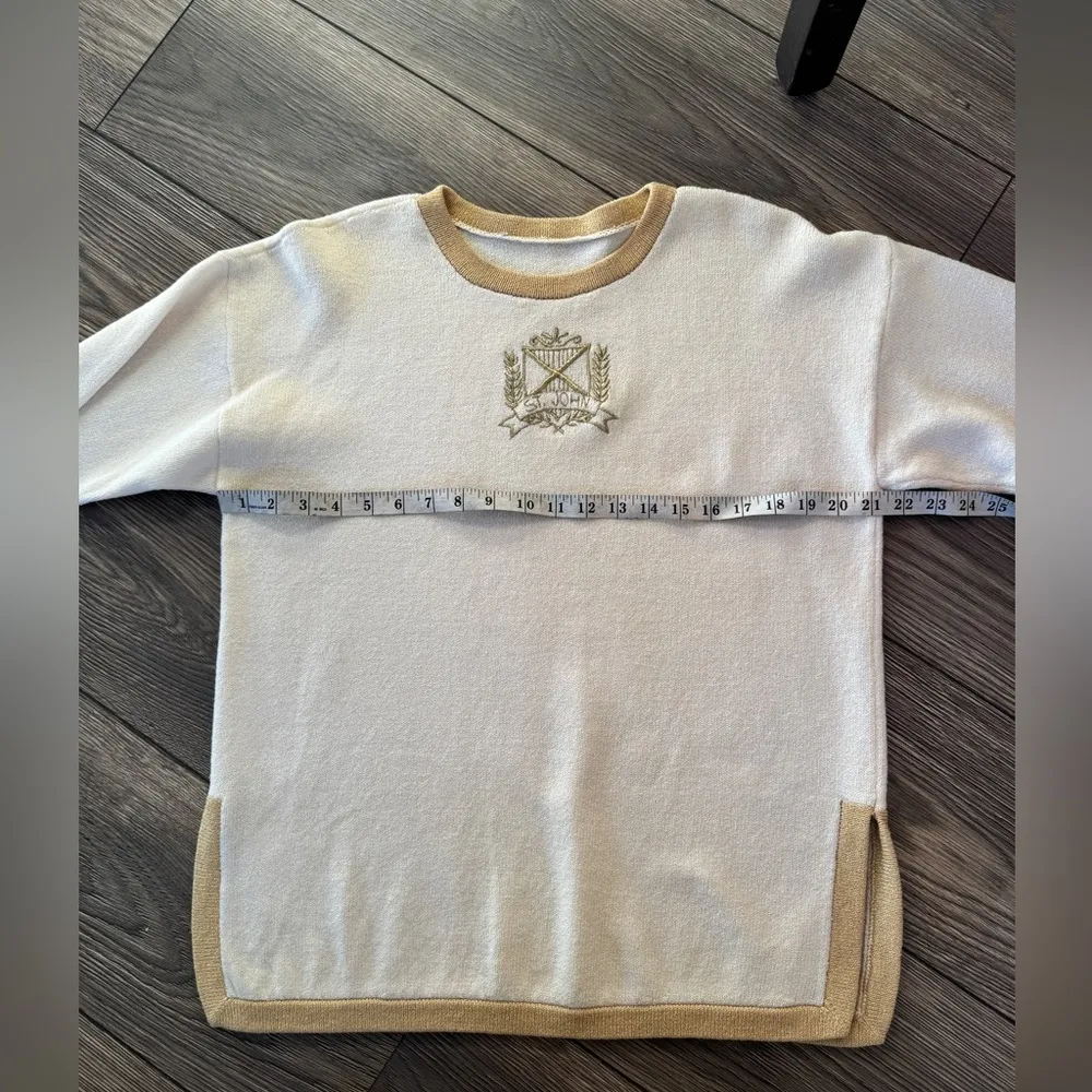 St John medium Santana Knit Sweater Cream Ivory with metallic gold crest - Image 2