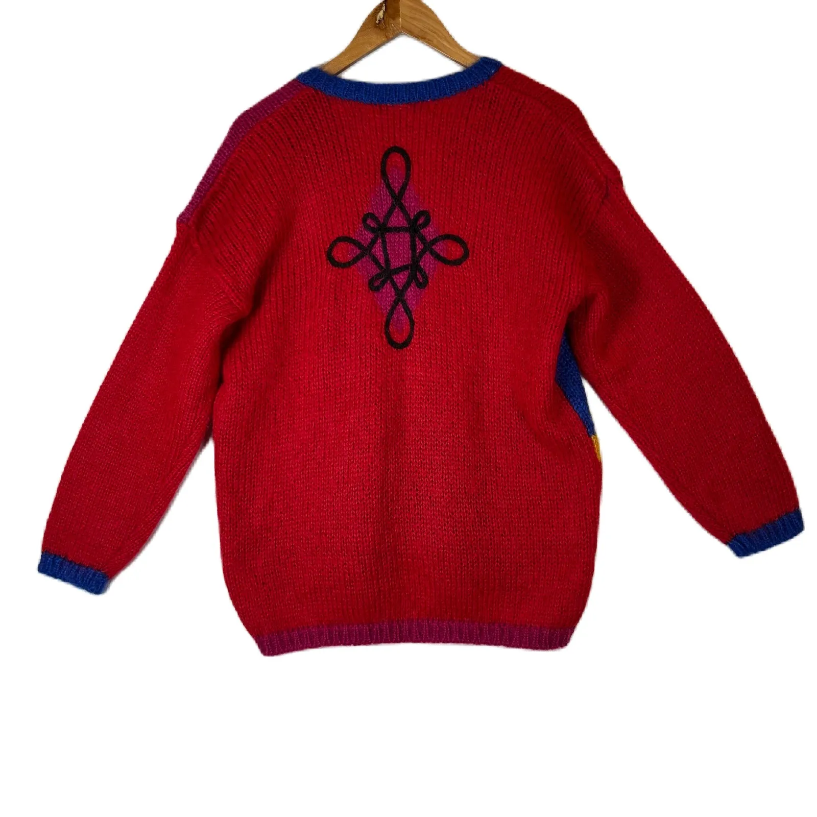 The Limited 80s Geometric Diamond Knit V-Neck Sweater Red Vintage Size P S - Image 2