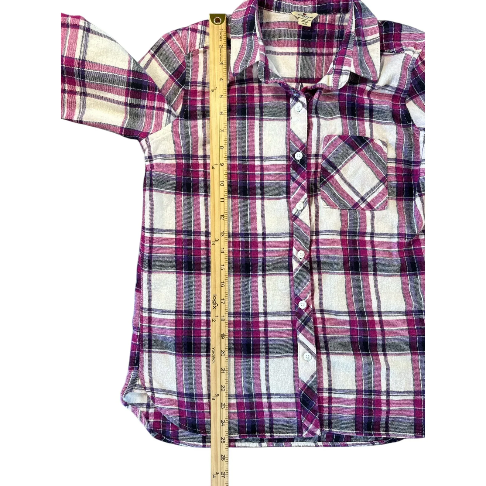WOOLRICH Plaid Flannel Shirt Women's M/M Cream Magenta Charcoal Long Sleeve - Image 4