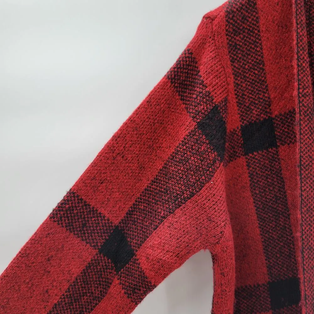 Adrienne Vittadini Womens Sweater Medium Red Plaid Cardigan Fringe Open Front - Image 11