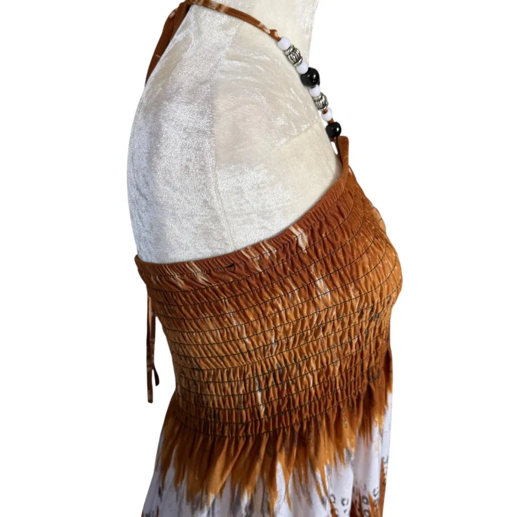 Paradise Contour brown white blue African print beaded tie dress size large - Image 6