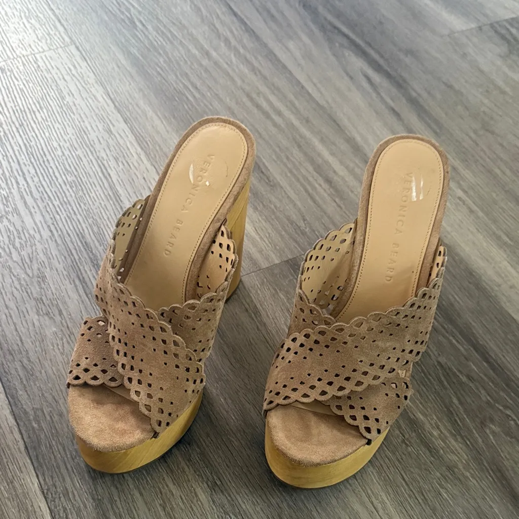 Veronica Beard Brown Perforated Mules Women’s Platform Sandals Criss Cross Stap - Image 4