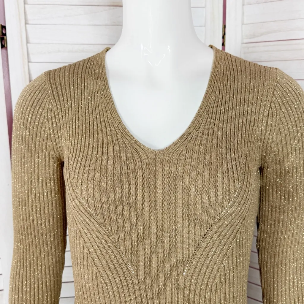 Michael Michael Kors Metallic Ribbed V Neck Sweater Sheath Dress Gold XXS - Image 6