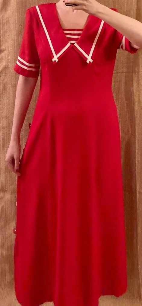 Vtg 80s Nautical Sailor Collar Sheath Maxi Dress Preppy Retro Pinup Red White 14 - Image 2