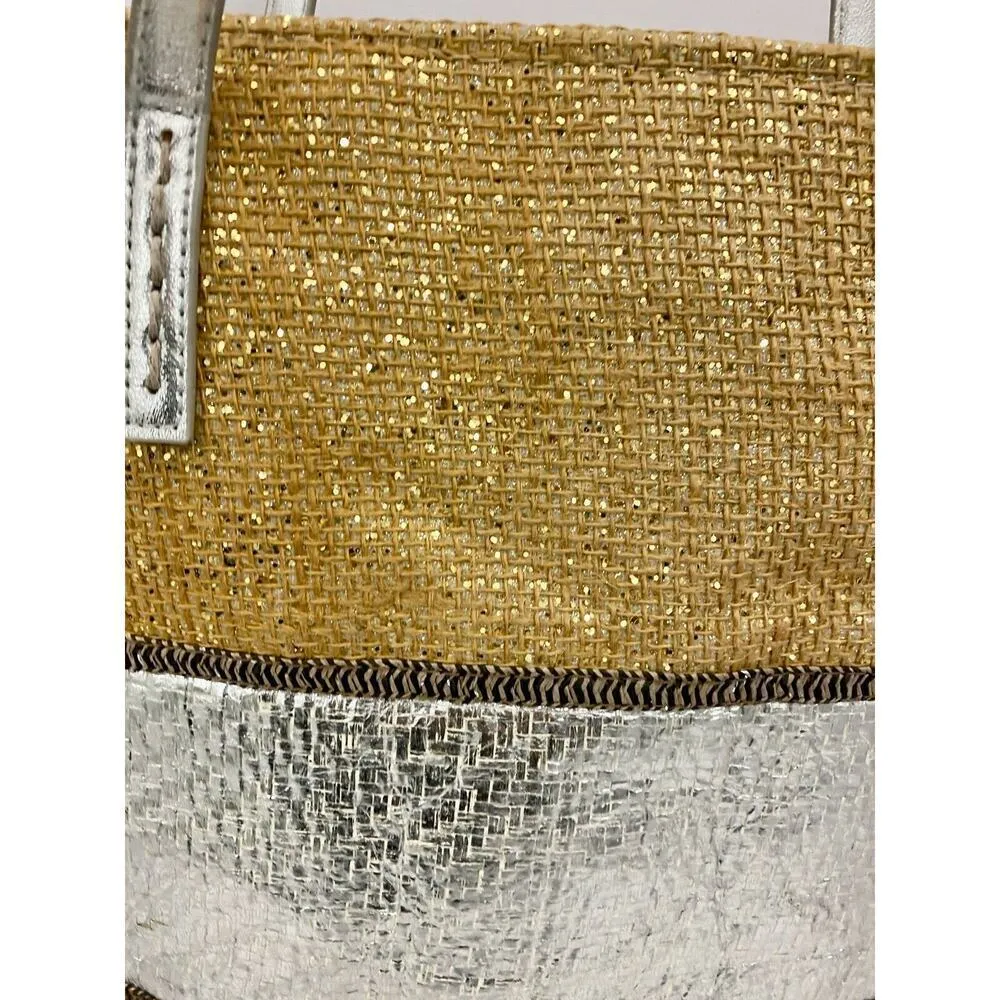 New Molly Bracken Burlap + Silver Gold Metallic tote eco shopper bag Beach - Image 2
