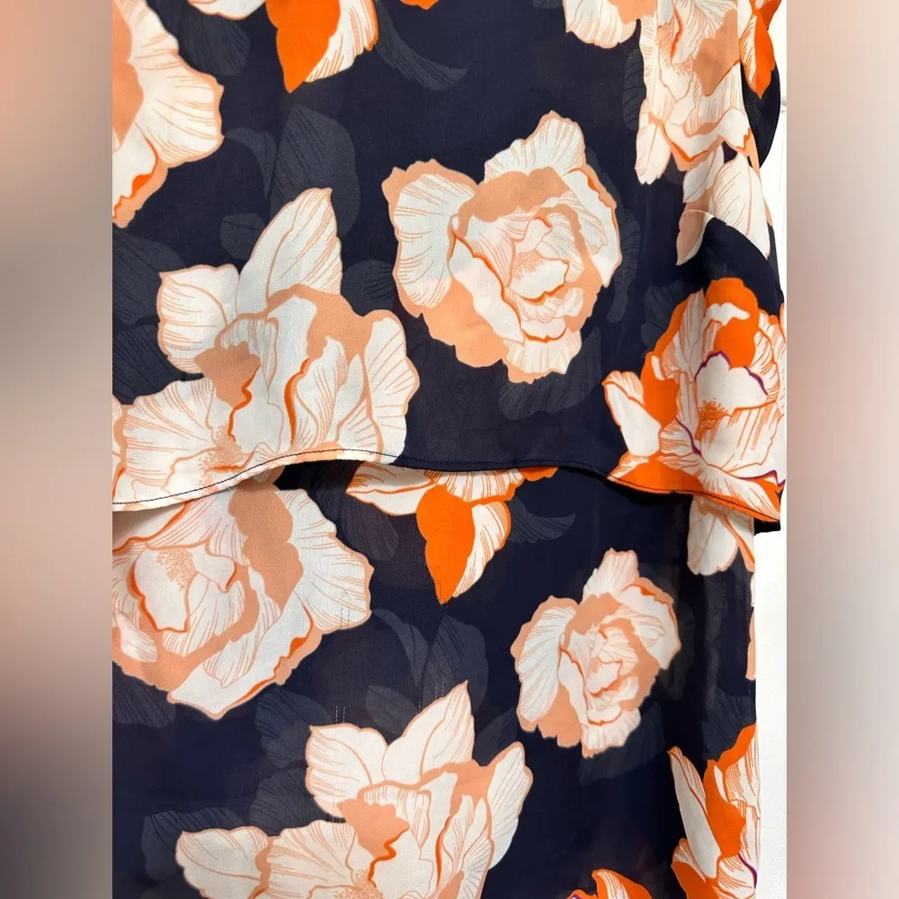 Cabi Blouse Blossom Floral Tiered Cap Sleeve Keyhole Back Navy Orange NWOT - Image 3
