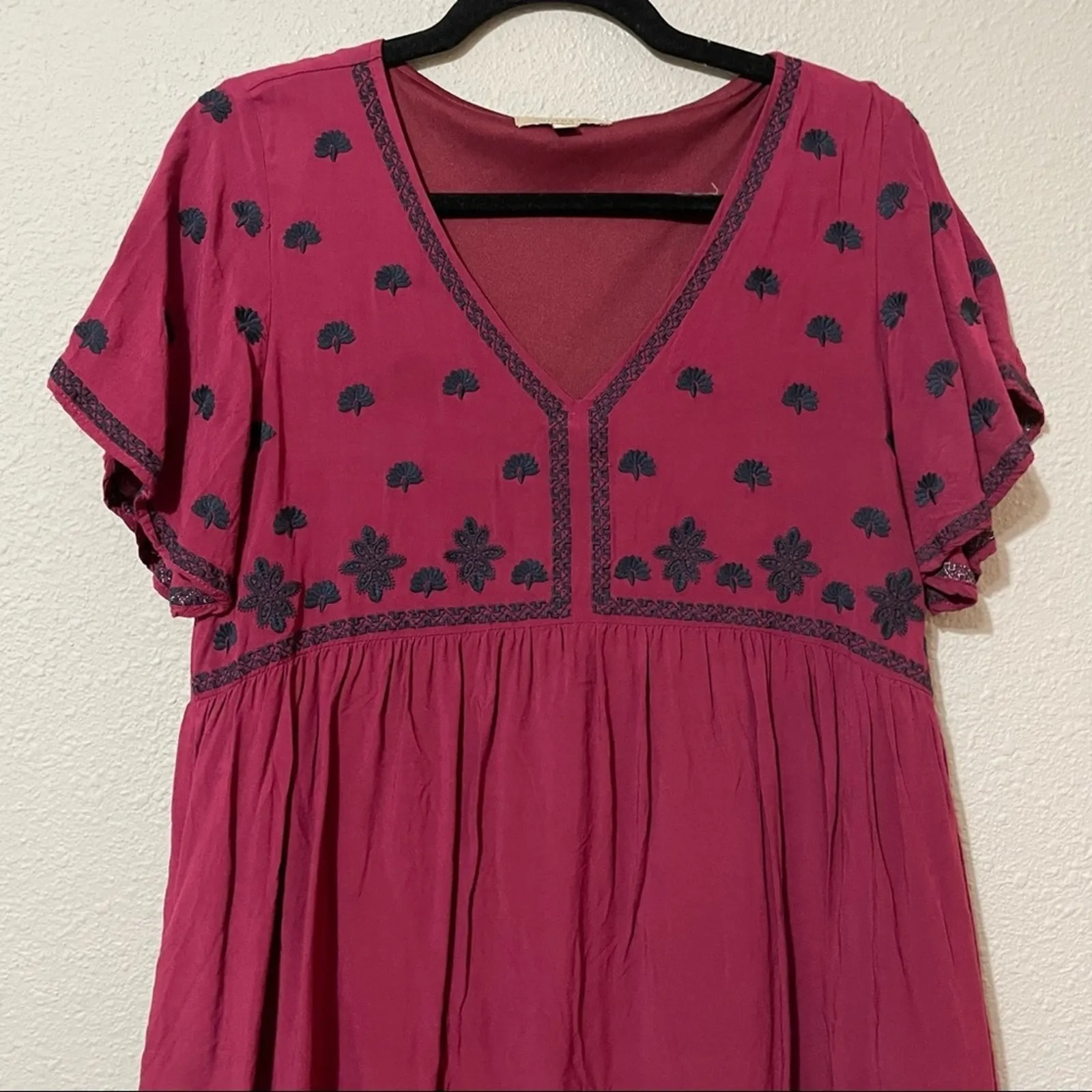 Polagram Burgundy Boho Embroidered Boho Short Sleeve Babydoll Dress Womens S - Image 2
