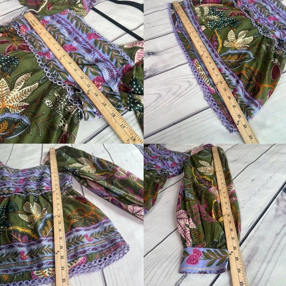 Farm Rio Blouse Top XS Green Jungle Fairy Boho Botanical Tropical Praire Resort - Image 3