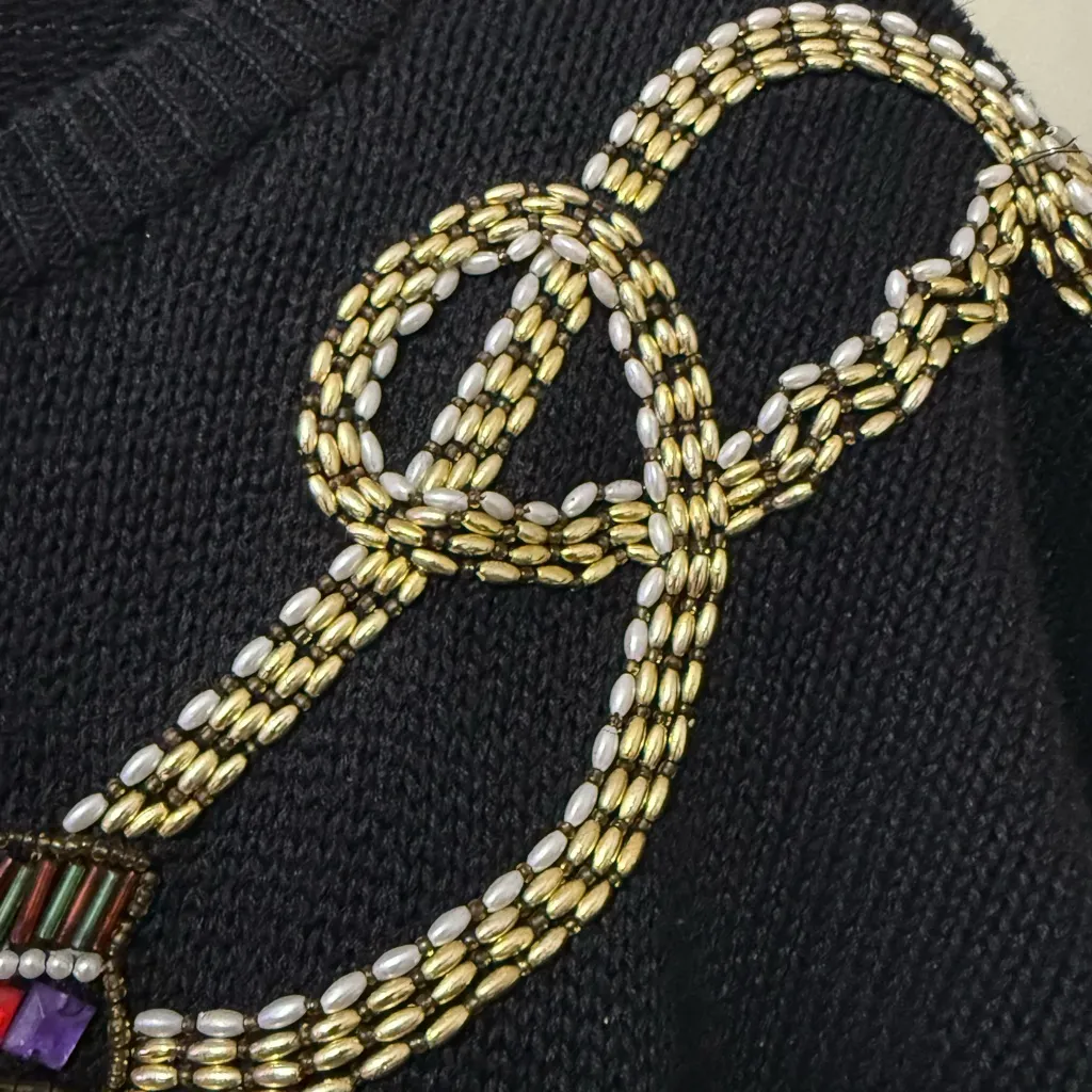 Vintage Victoria Harbour women’s medium holiday tasseled sweater beaded sequin Black - Image 5