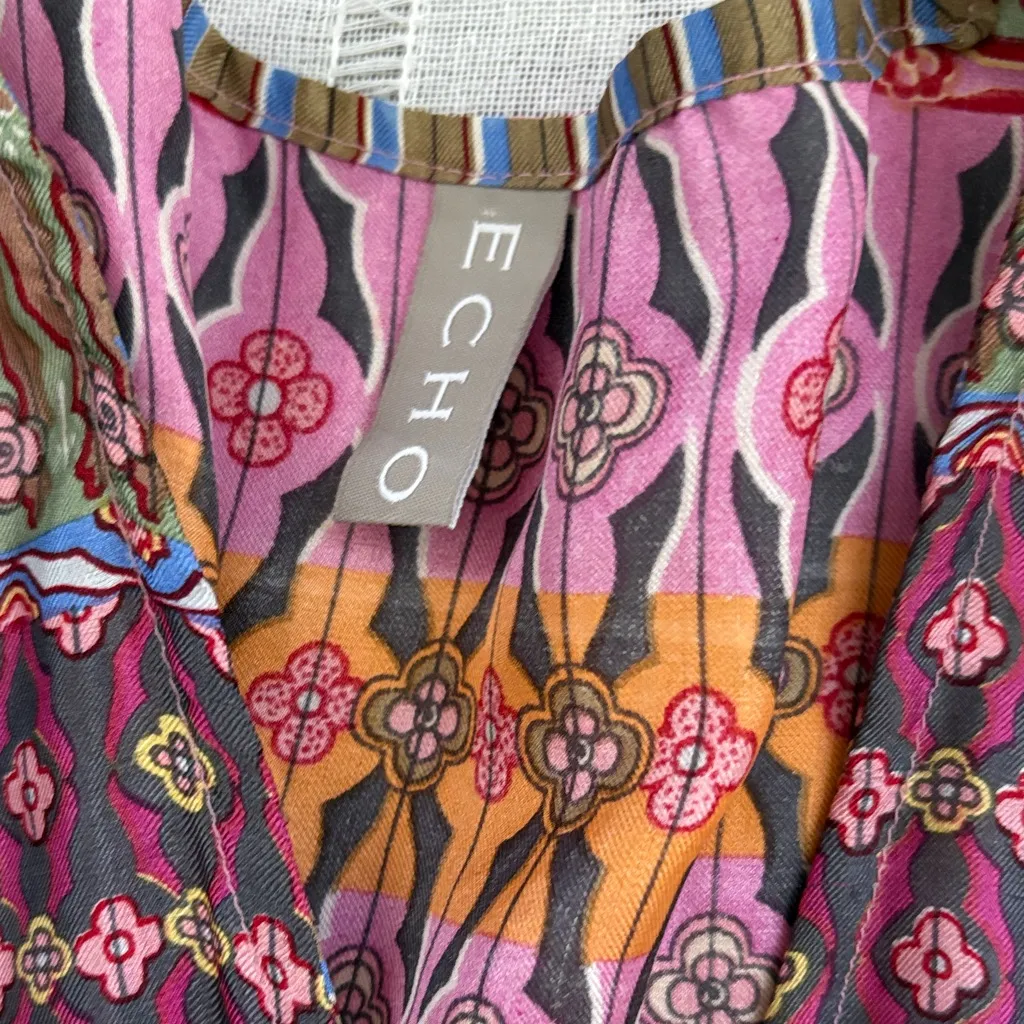 Echo Multicolor Bohemian Silk Blouse Purple Size M - Image 8