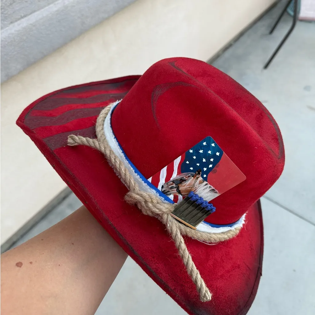 Red Western Cowboy Hat with Rope Band American flag patriotic western cowgirl - Image 2
