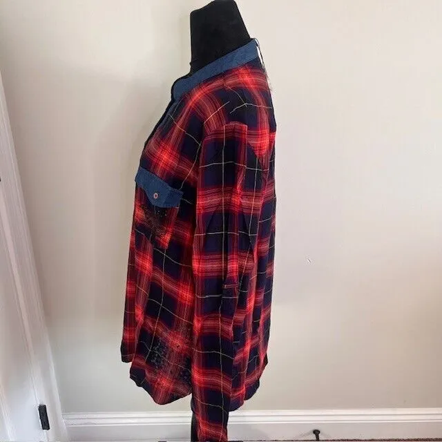 Desigual Womens Red Blue Plaid Tunic Top Long Sleeve Front Pockets Pullover XL‎ - Image 8