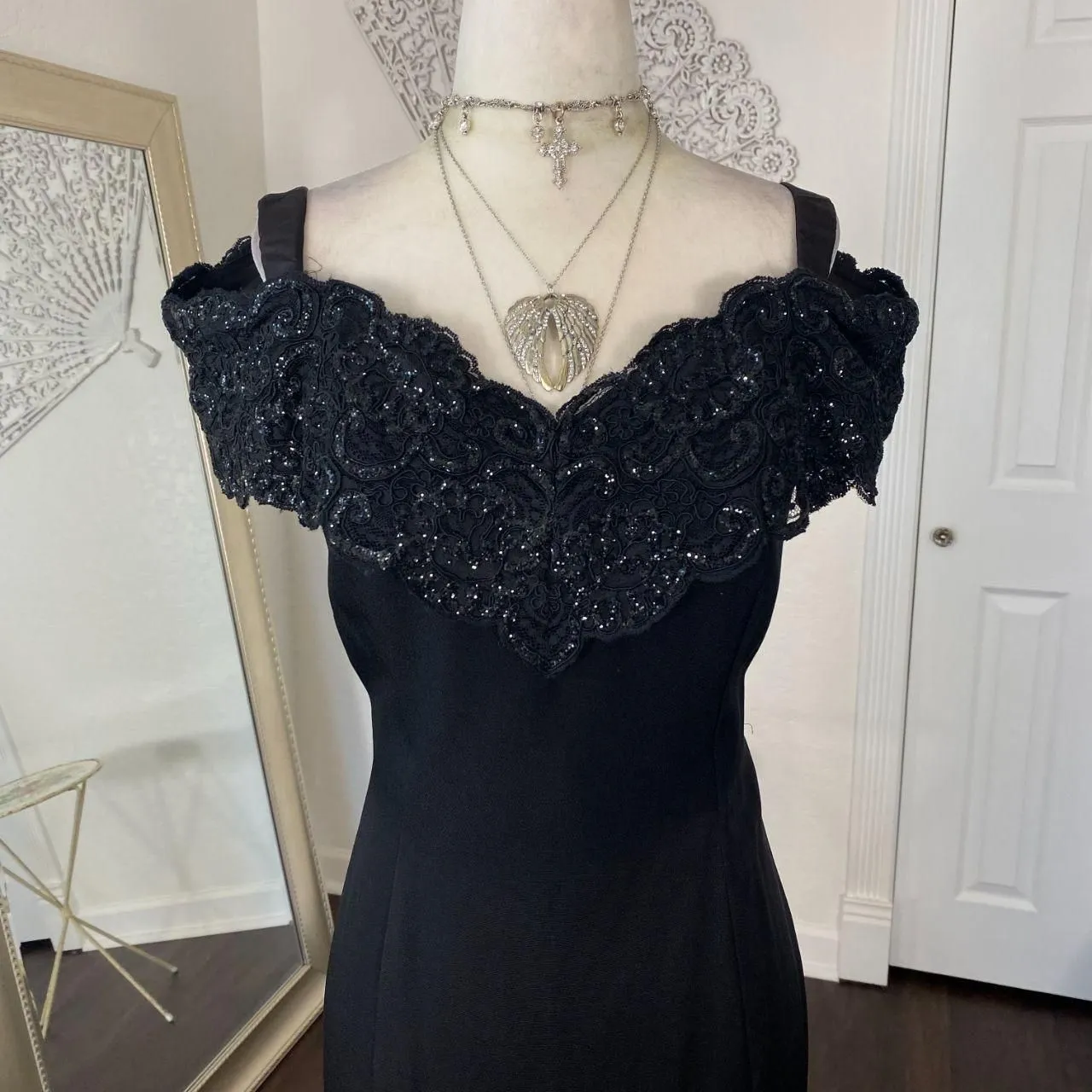 Vintage Made in USA Black Romantic Goth Off Shoulder Sequin Lace Midi Dress M Size M - Image 2