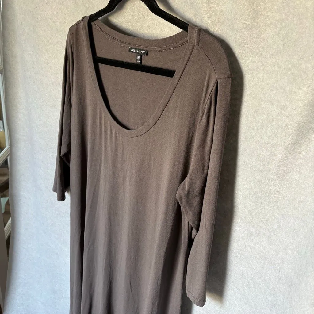 Eileen Fisher Dark Taupe Shift Stretch M Tencel Scoop Neck Dress Jersey Knit - Image 3
