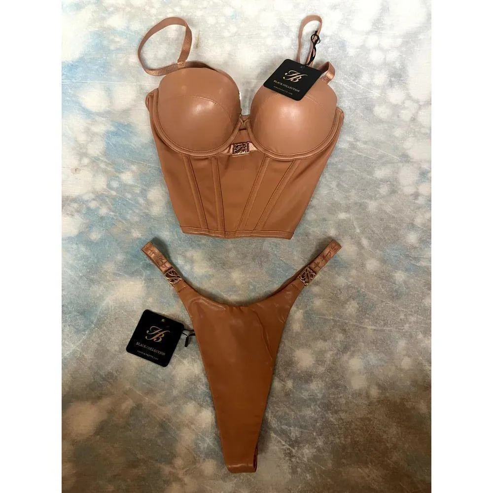 HONEY BIRDETTE Emily Bustier Thong Panty Set Toffee 30DD XS NWT SEXYLUX LINGERIE Gold Size undefined - Image 7