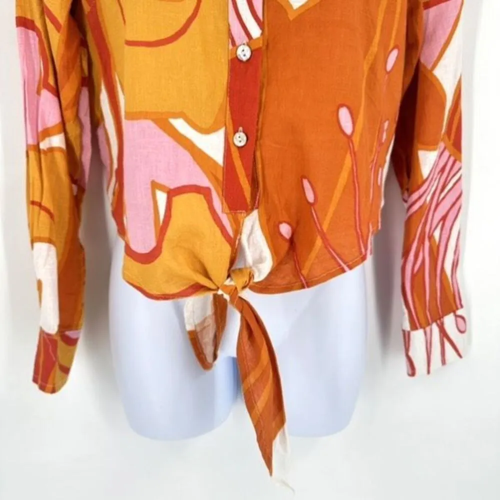 NWT Rachel‎ Zoe Floral Linen Cropped Button Down Shirt Orange Small Tie Front - Image 4