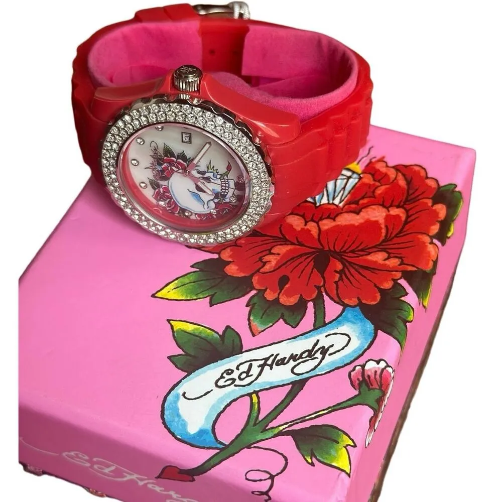 NIB Ed Hardy Love Kills Slowly Watch Swarovski Crystals & Red Pink Band Y2K - Image 3