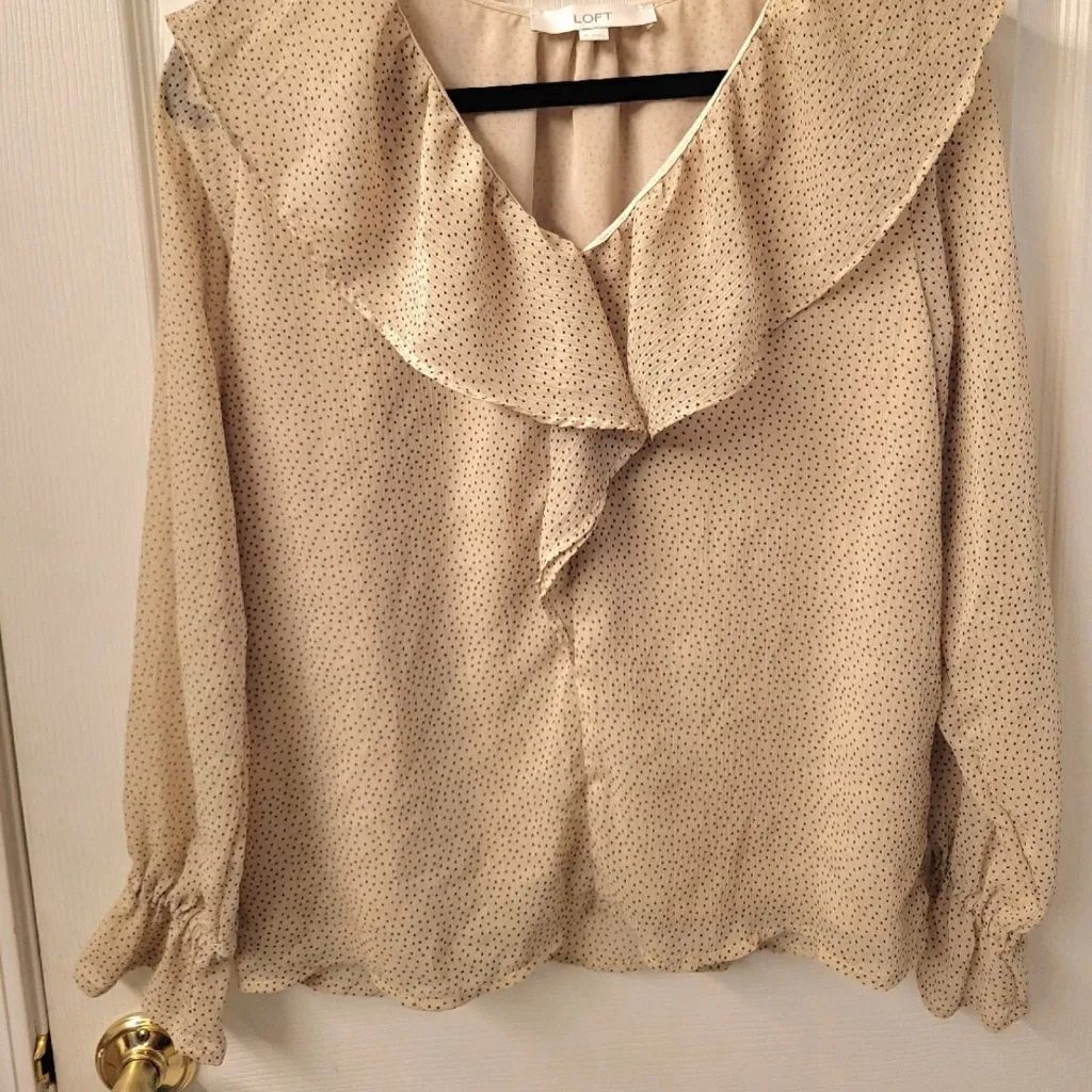 LOFT Cream Ruffle Blouse with Black Dots - Image 3