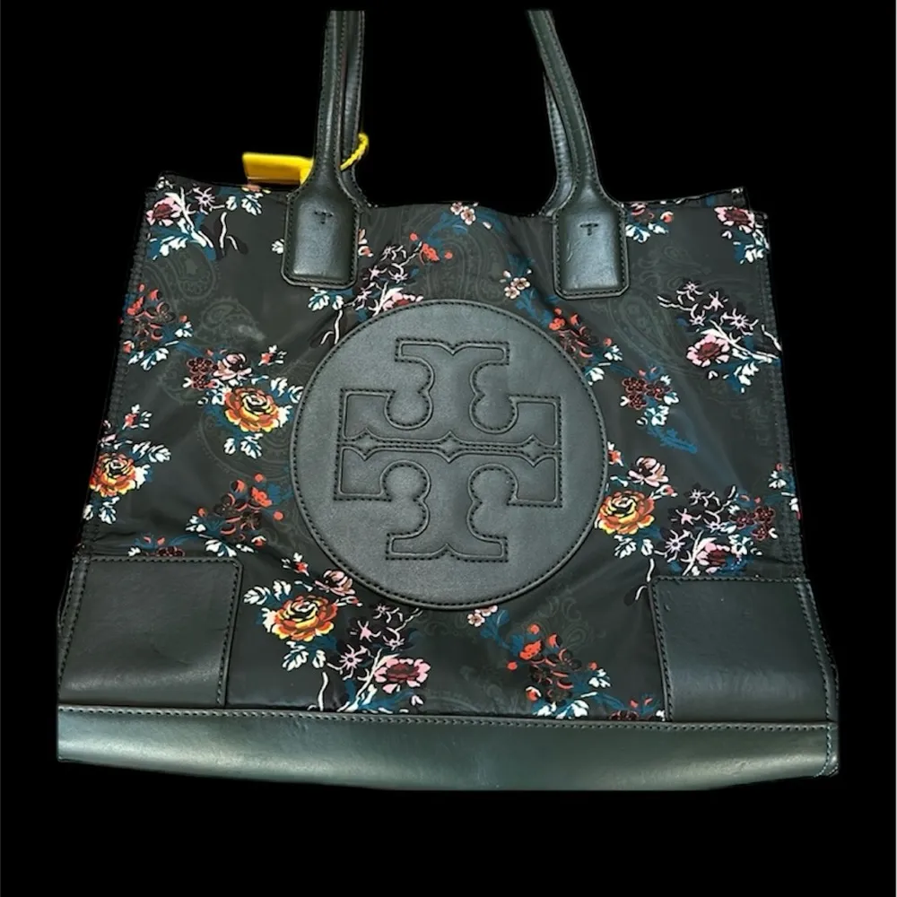 Tory Burch Ella Green Floral Nylon Bag with Dark Green Straps, Details & Bottom - Image 3