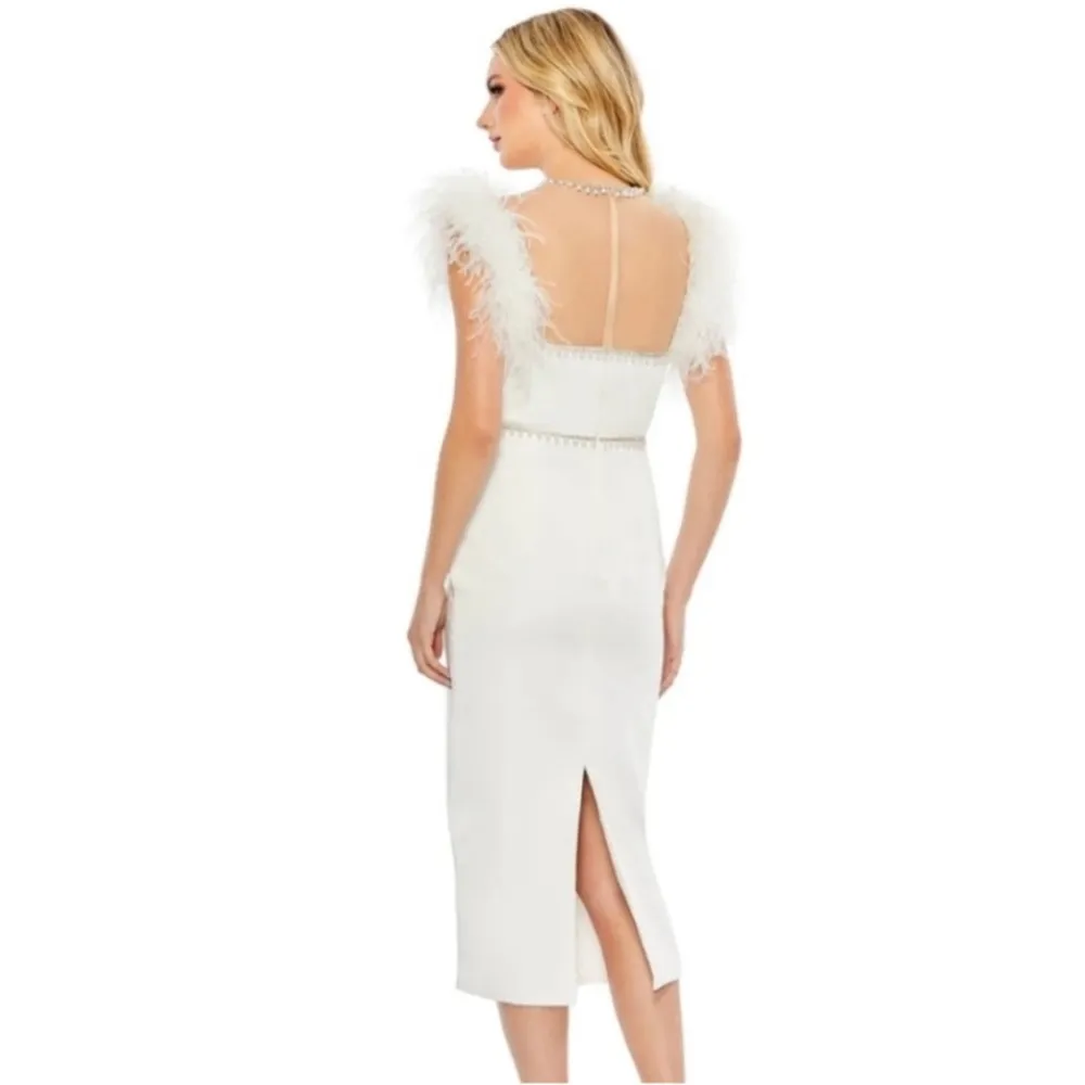 NWOT MAC DUGGAL FEATHER CAP SLEEVE PEARL EMBELLISHED T-LENGTH FIT DRESS sz 6 - Image 6