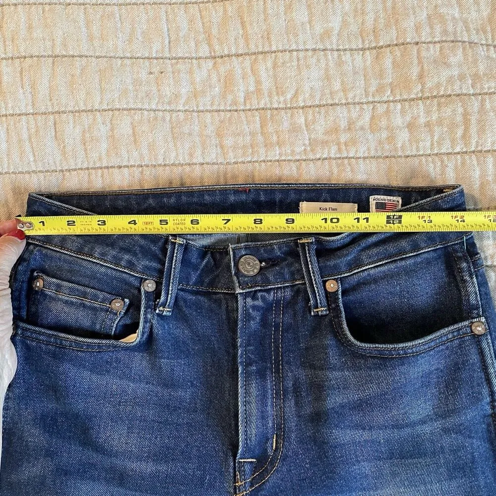 NoEnd Denim Farrah Kick Flare Jeans Sz 27 Med. Dark Wash Frayed High Low Hem USA Blue - Image 11