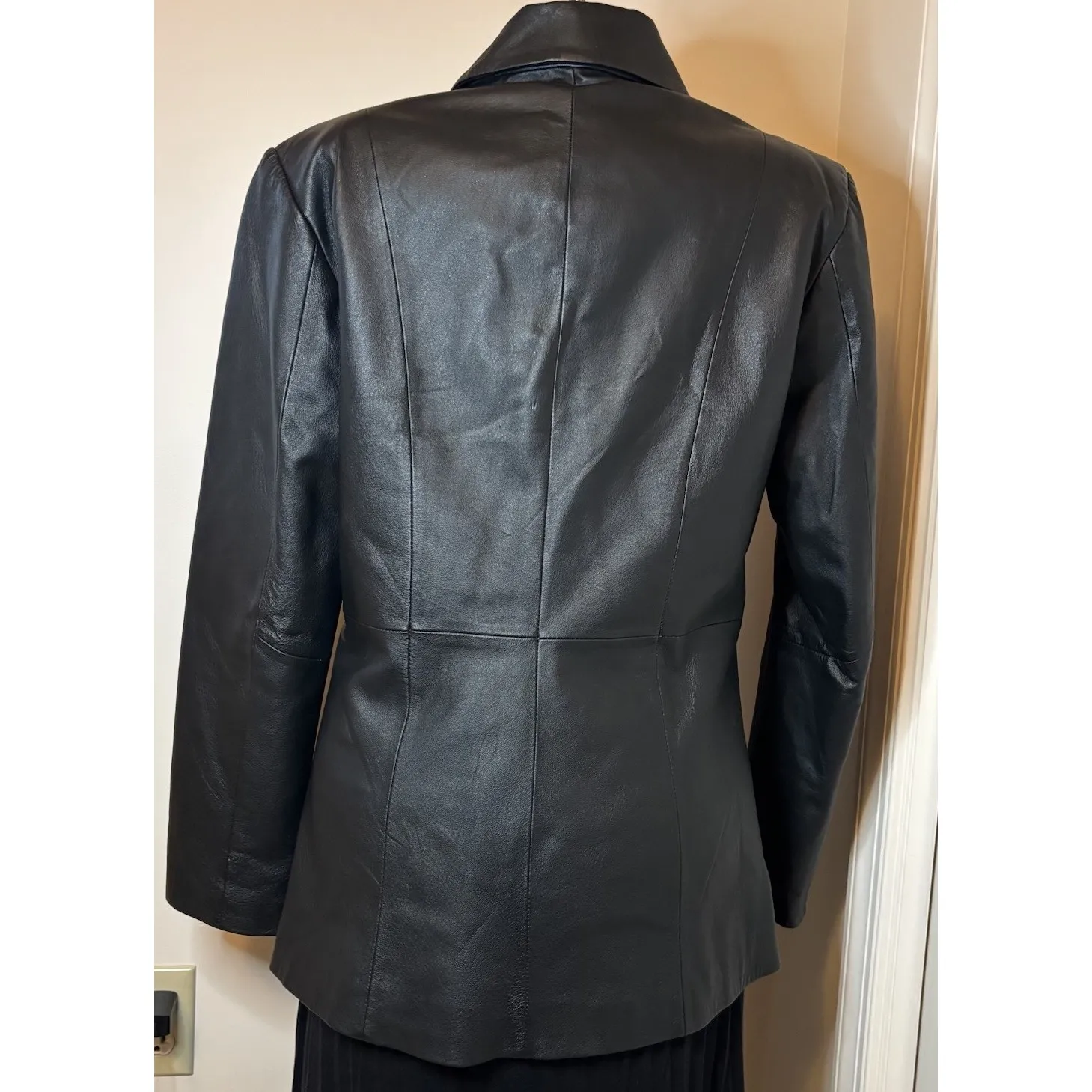 Leather‎ Jacket Black Leather Collared Buttons Pockets Lined Size 10 VTG VG Clio - Image 2