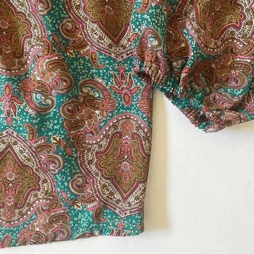 Joie Balloon Sleeve Mock Neck Pleated Bodice Keyhole Blouse Teal/Brown M - Image 11