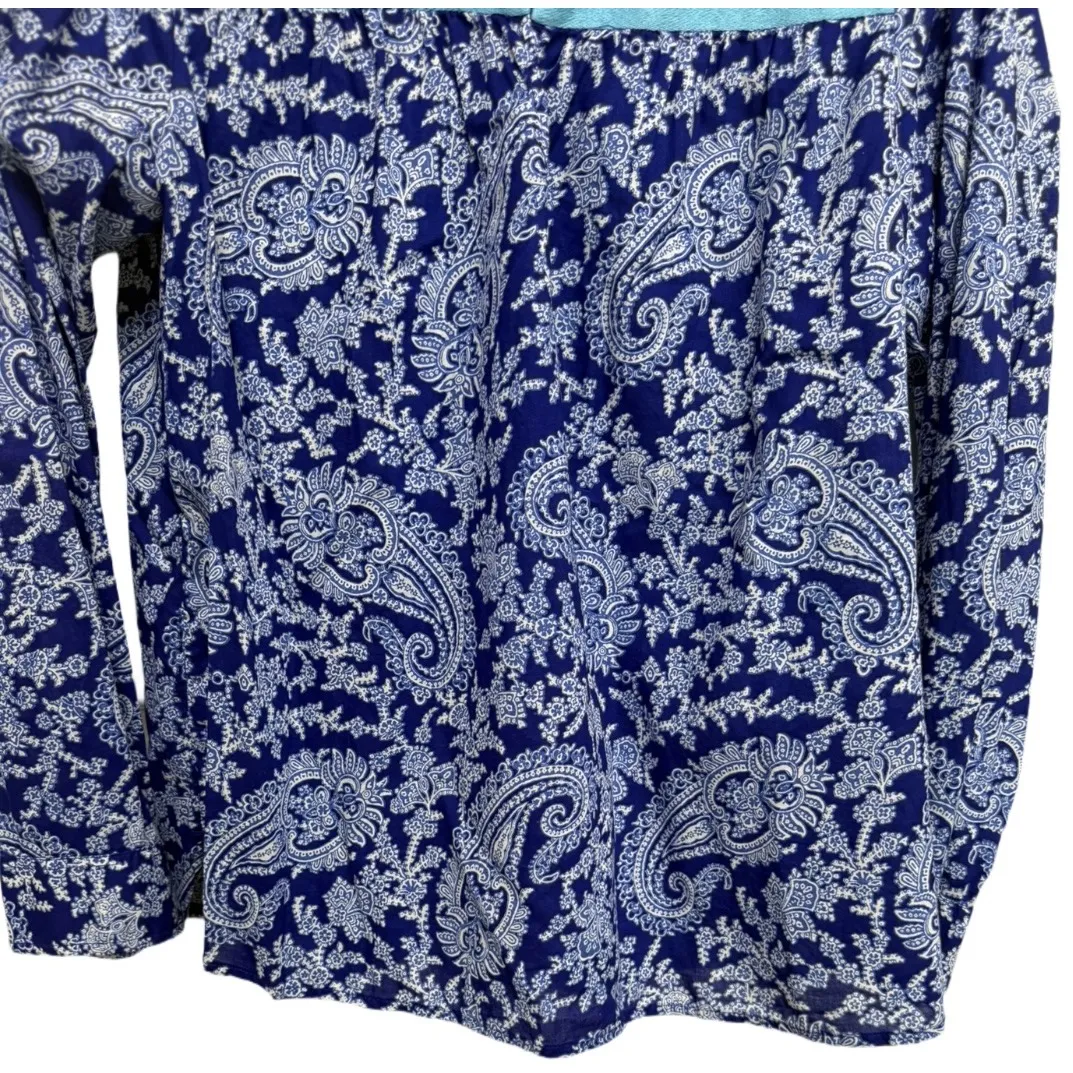 J Crew Blue Paisley Print Embroidered Long Sleeve Shirt Blouse Size Medium Boho - Image 3