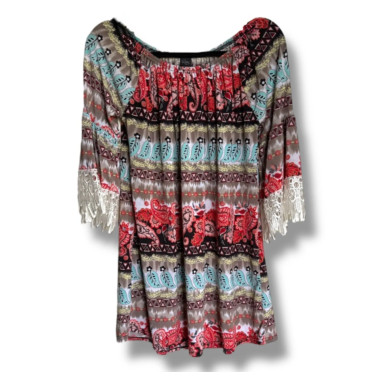 Win Win WinWin Half Sleeve Lace Tunic Paisley Stretch Off Shoulder L‎ / XL - Image 3