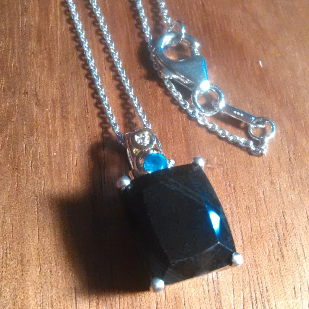 California Black Jade and Neon Apatite Sterling Silver Pendant Necklace - Image 2