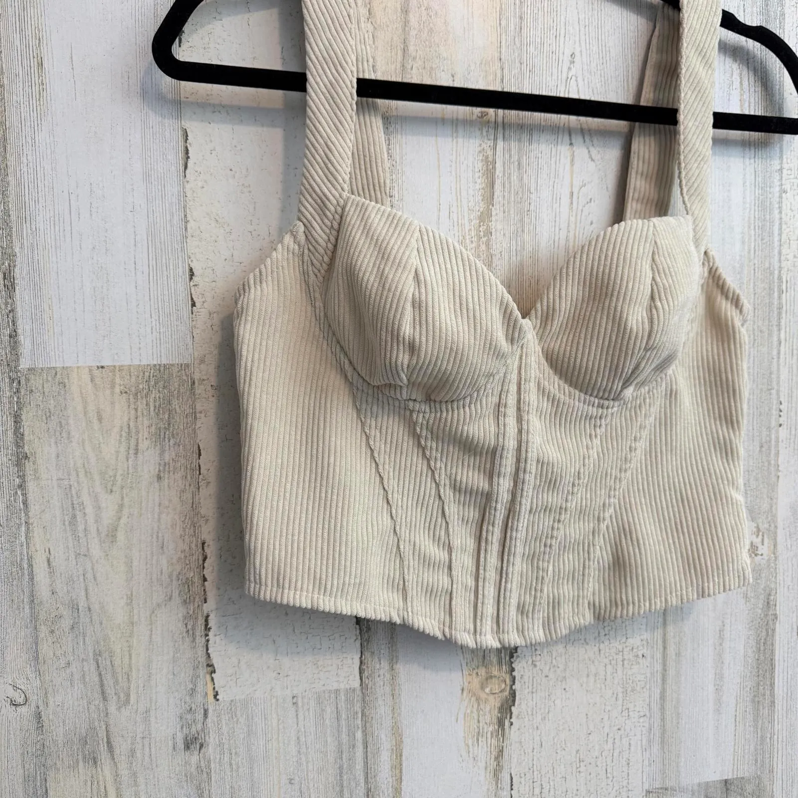 Cream Ribbed Corset Bustier Crop Top Zip Back Structured Tank Size Small Fashion - Image 4