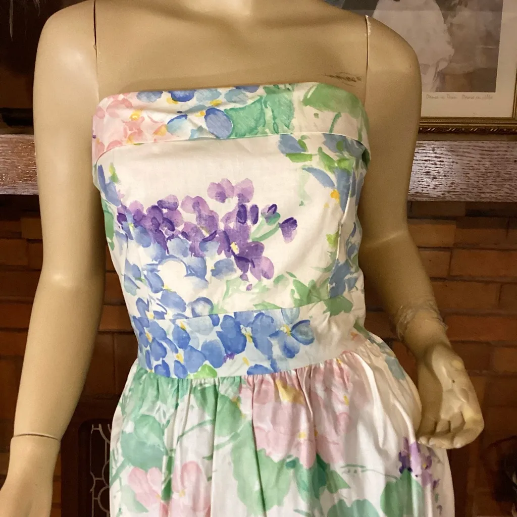VINTAGE 1980'S BLAIR WOOLVERTON STRAPLESS PASTEL FLORAL PRINT TEA DRESS (12) - Image 8