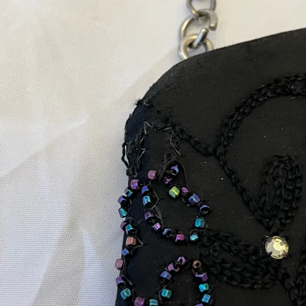 Black Satin and Beaded Purse, Chain Strap, Vintage VGUC - Image 6