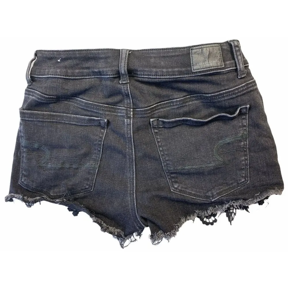 American Eagle Jean Shorts Frayed Black Lace Cut-off Super Super Stretch Sz 6 - Image 2