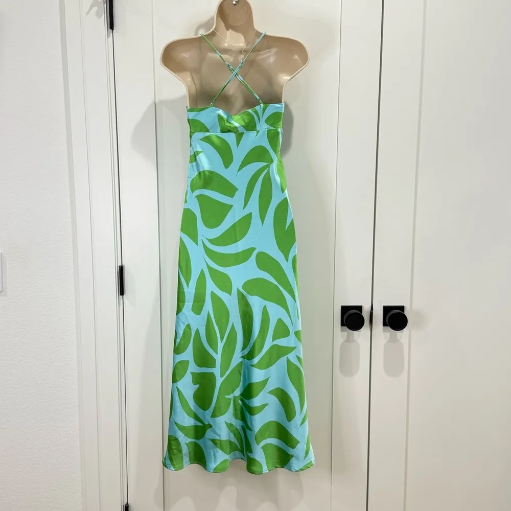House Of Harlow 1960 Boho 70s Midi Dress Satin Green Blue Size XS New Chic Beach - Image 3
