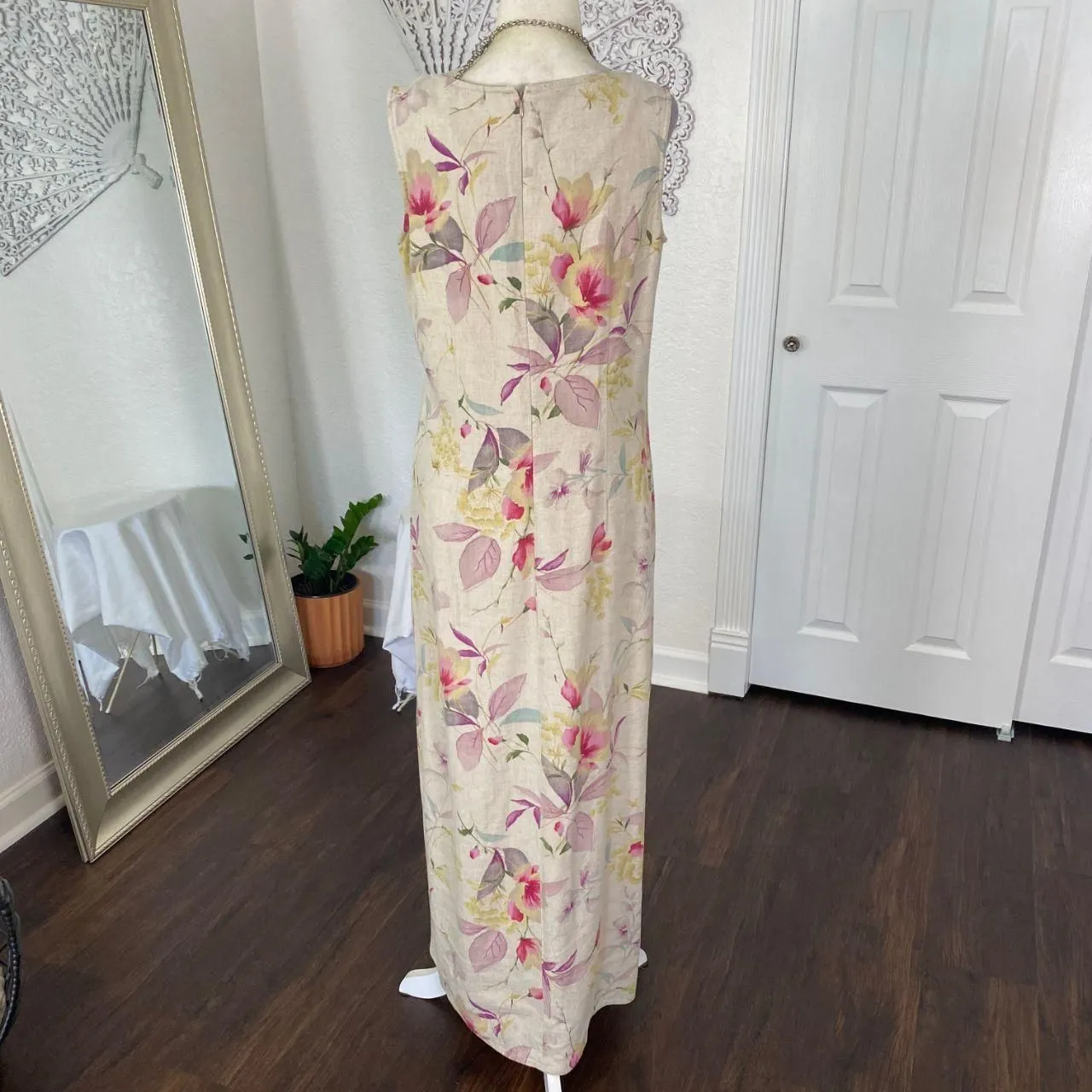 Liz Claiborne Vintage Tan Cream Pastel Flower Boho Floral Linen Midi Maxi Dress - Image 5