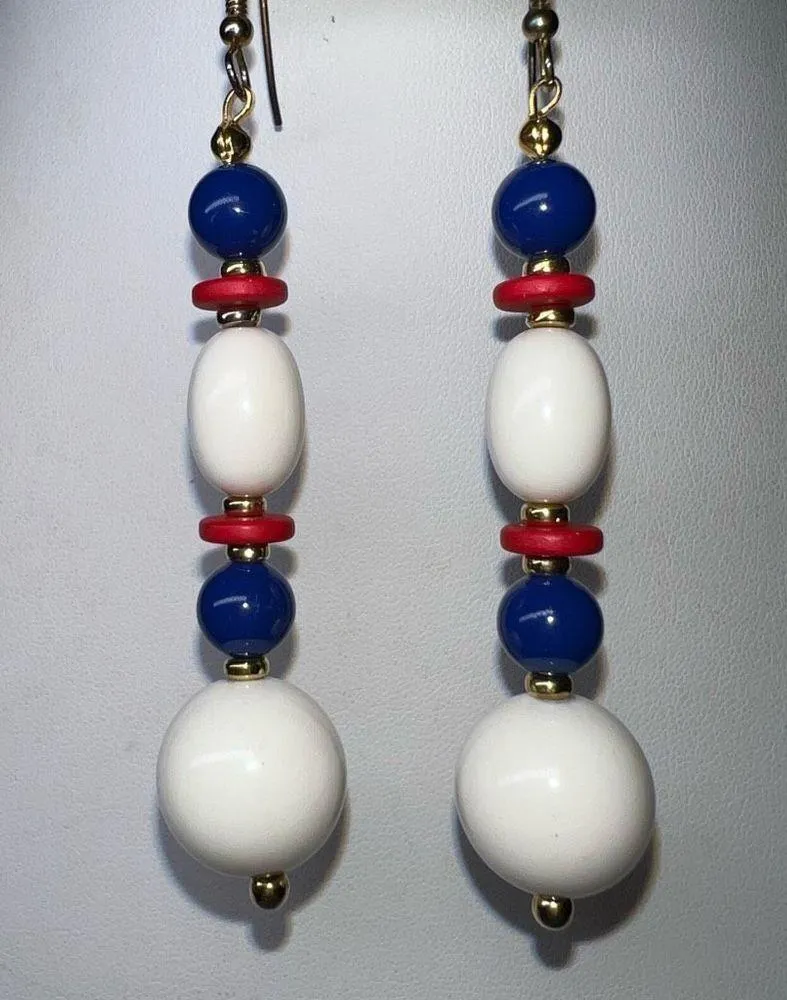 Vintage Patriotic Red, White and Blue Bead Dangle Earrings Blue - Image 2