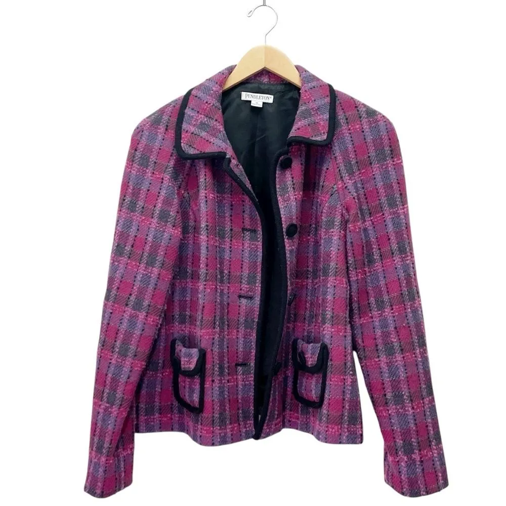 Pendleton Pink Purple Plaid Wool Blend Jacket Blazer Size 16 Black Trim Tweed - Image 3