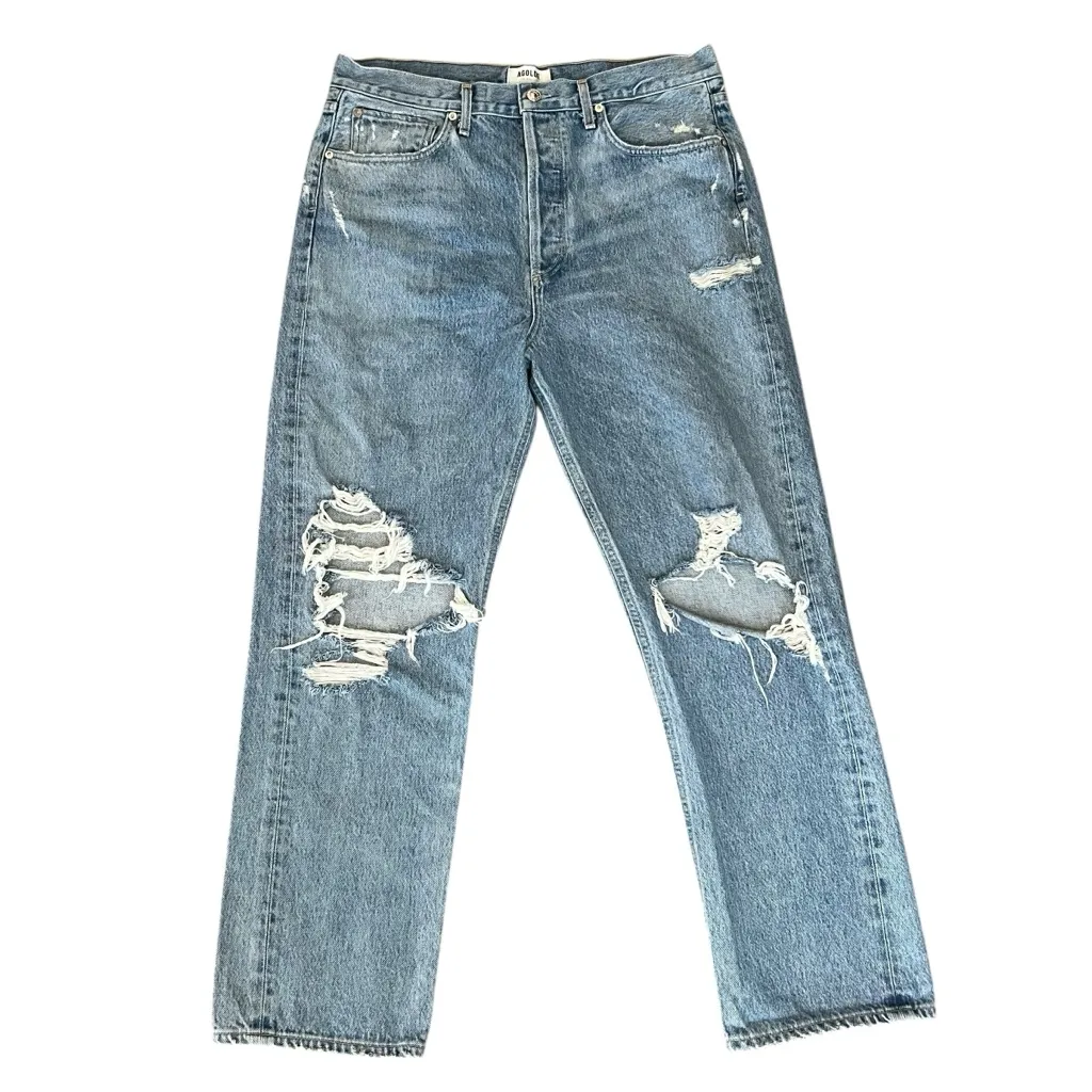 Agolde Women’s 90’s Mid Rise Loose Fit Distressed Straight Leg Jeans in Fall Out - Image 2