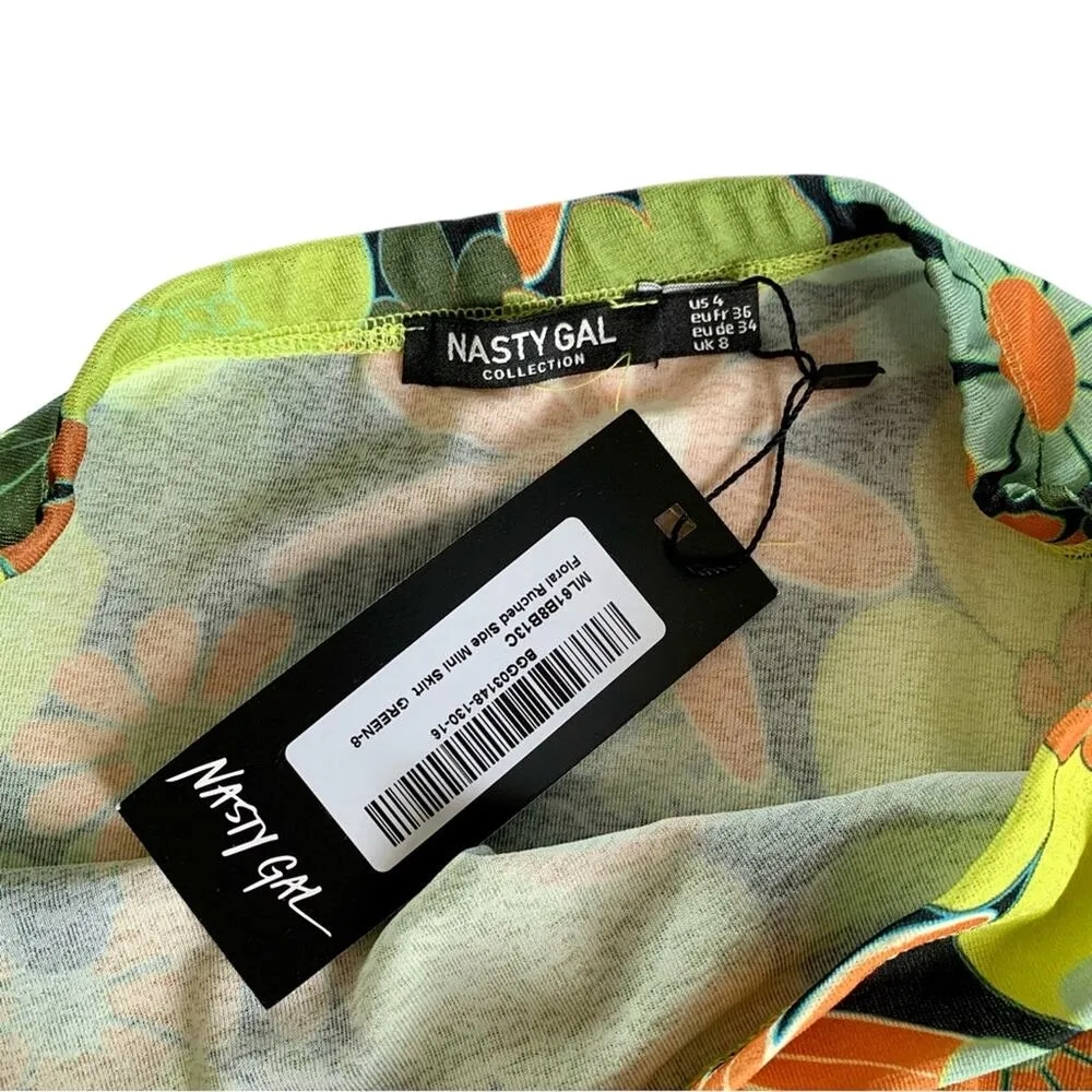 Nasty Gal Green Multicolor Y2K Floral Print Ruched Side Bodycon Mini Skirt Sz 4 - Image 4