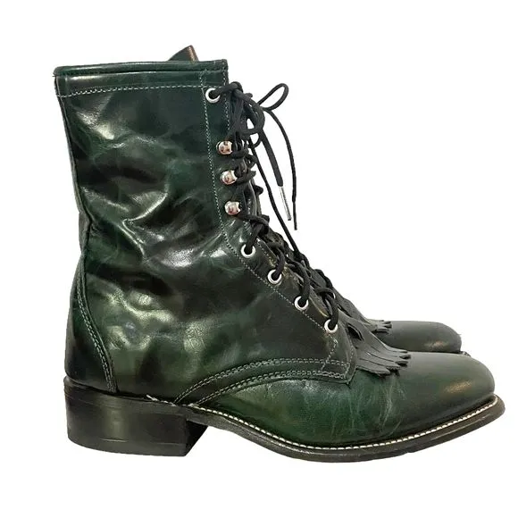 Laredo Leather Kiltie Logger Boots Dark Emerald Green Lace-Up Women’s Size 6 - Image 7