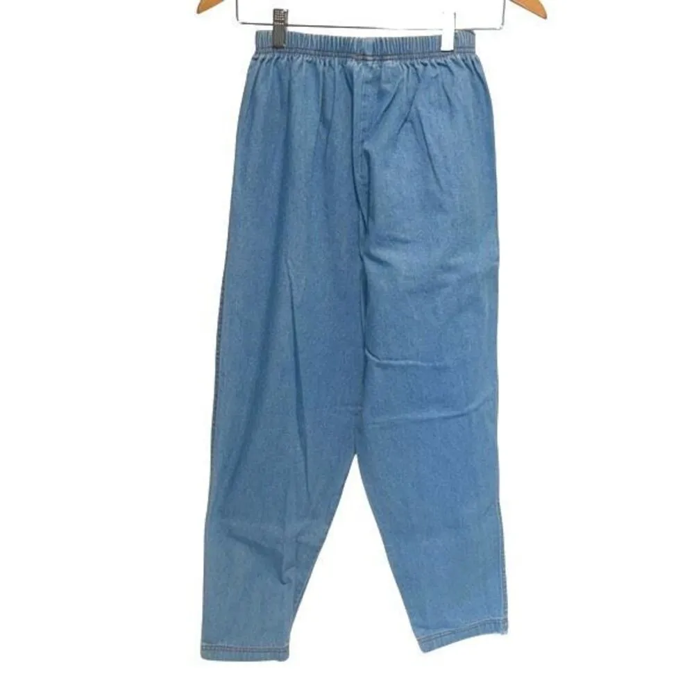 Sunbelt Denim Jeans Vintage Floral Hand painted Pull On Light Wash Mom Trend Med Blue - Image 3