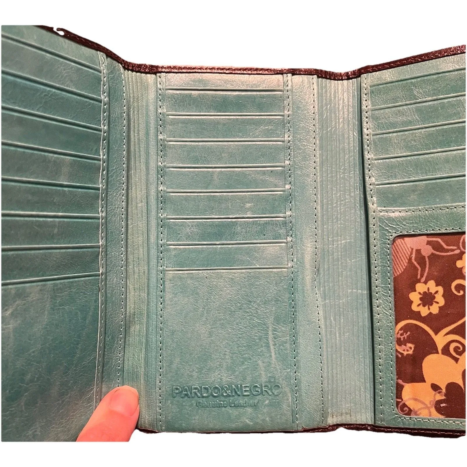 Pardo & Negro Genuine Leather Women's Wallet Brown with Turquoise Organizer GUC - Image 7