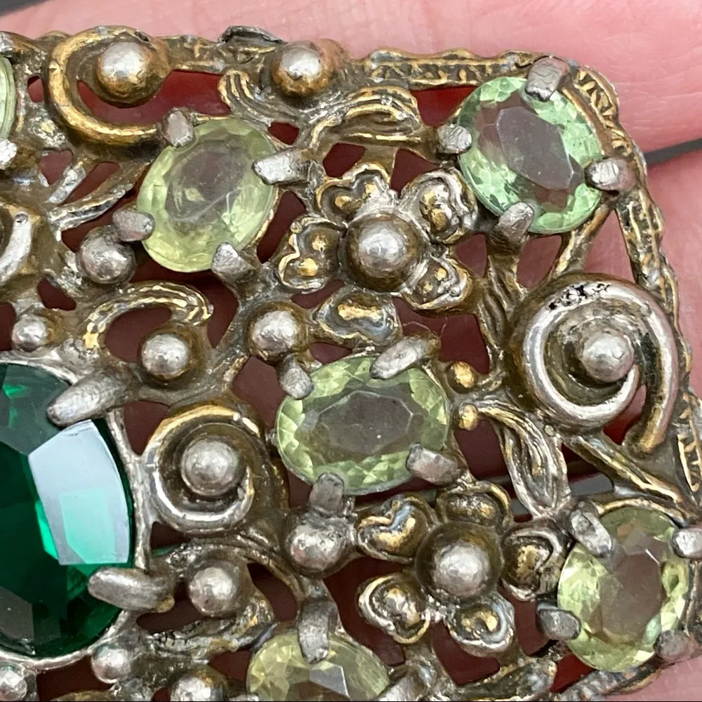 Unique Vintage Austro-Hungarian? Peridot Emerald Green Ornate Flower Brooch - Image 9