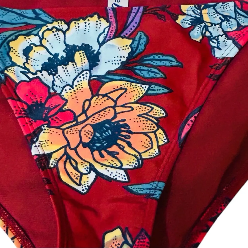 Floral Swimsuit Bottoms Red Multicolor Tie Side‎ Bikini Bottom Size L - Image 2